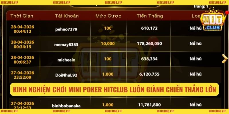 Kinh nghiệm chơi Mini Poker HITCLUB luôn giành chiến thắng lớn